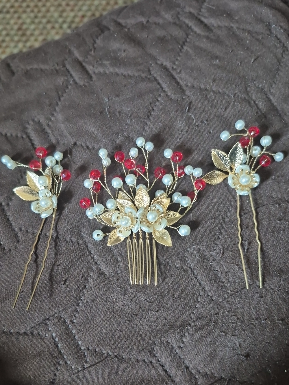 3 Piece Gold leaf bridal prom hair comb clip pin wedding